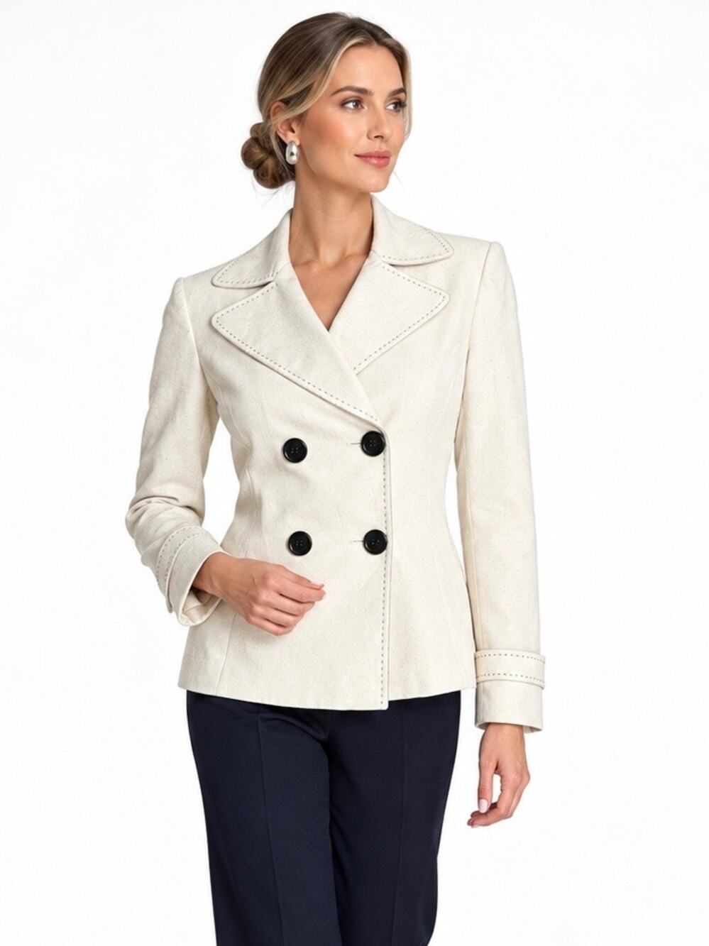Tahari ASL Ivory Double Breasted Blazer Jacket Size 4 Contrast Stitch Tailored